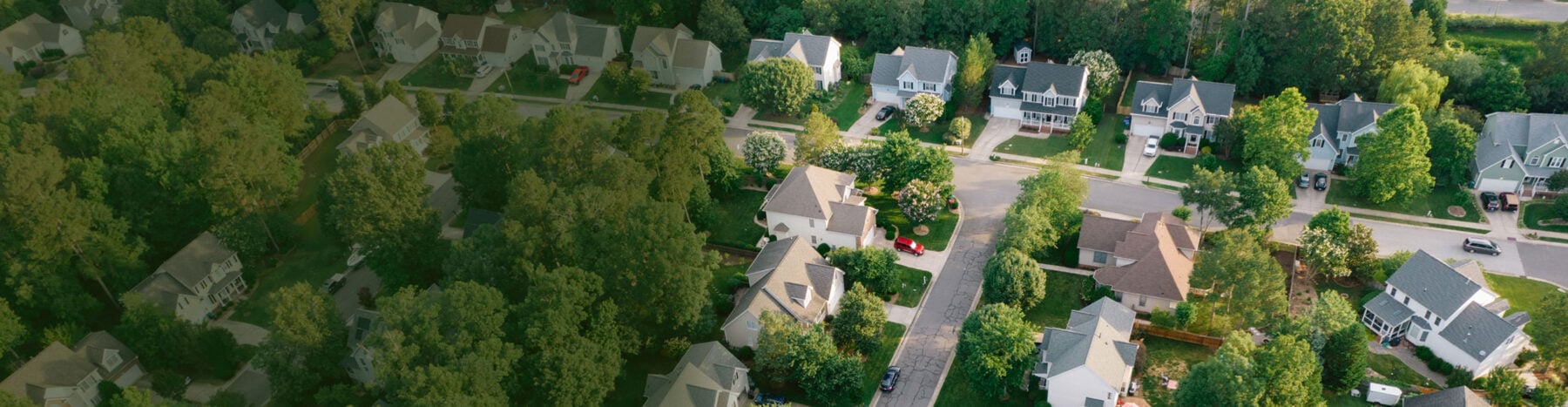 Aerial view of single-family homes showcasing curb appeal and lush landscaping in a suburban neighborhood listing.